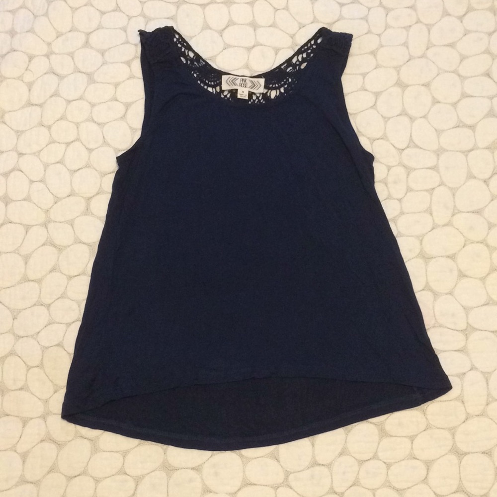 Pink Rose medium crocheted back navy tank